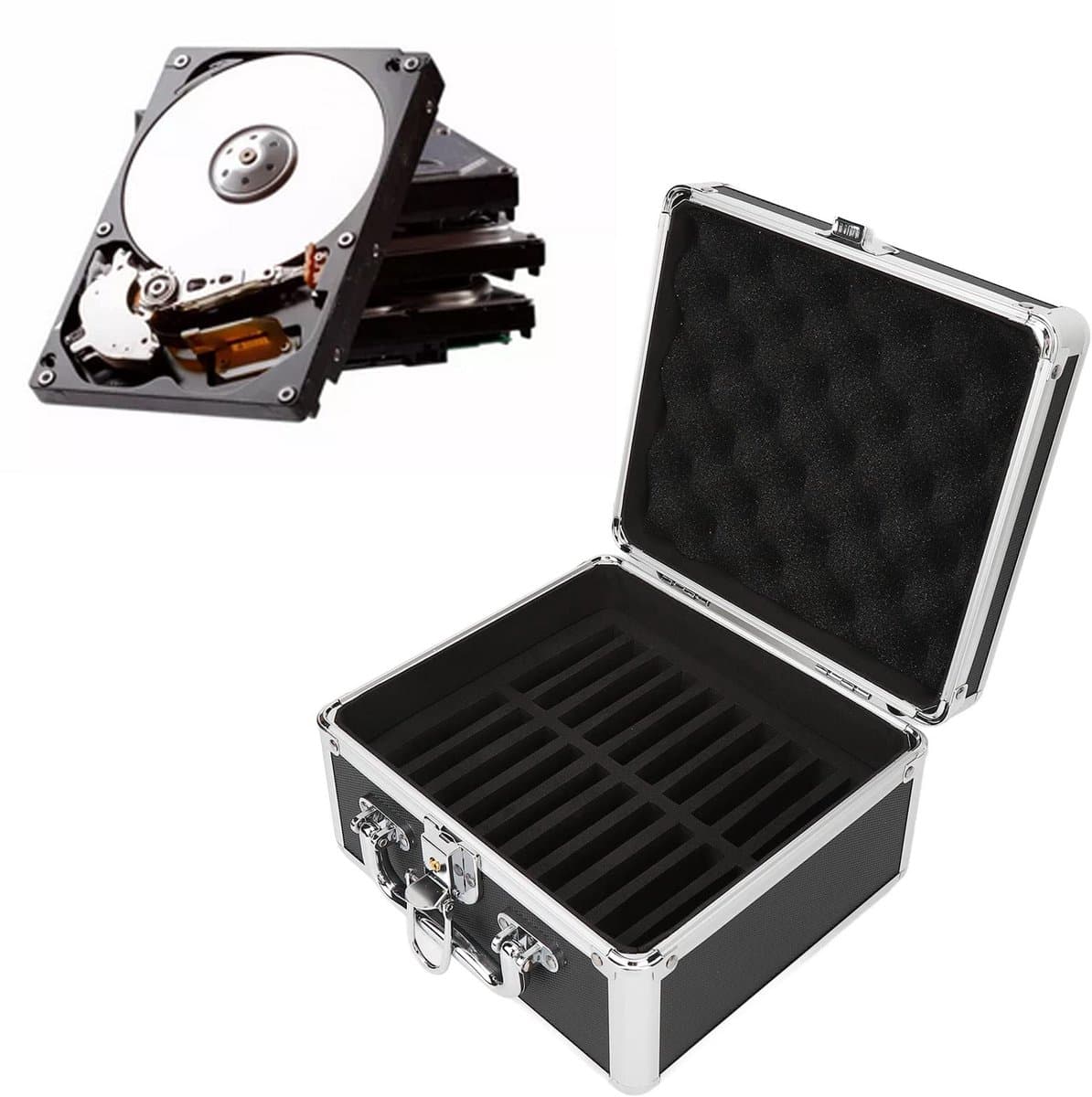 Harde Schijf Beschermdoos, 20 Bays Harde Schijf Opbergdoos Koffer, Waterdichte Harde Schijf Koffer, Draagbare HDD-behuizing met Veiligheidsslot voor 2,5 Inch Harde Schijf, Zwart — afbeelding 1