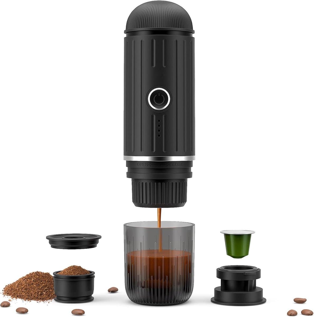 Oplaadbare 12V elektrische draagbare espressomachine met verwarmingsfunctie met één druk op de knop, automatische koffiezetapparaat geschikt voor Nespresso-capsules en gemalen koffie, geschikt voor kamperen, reizen en thuisgebruik (zwart) — afbeelding 1