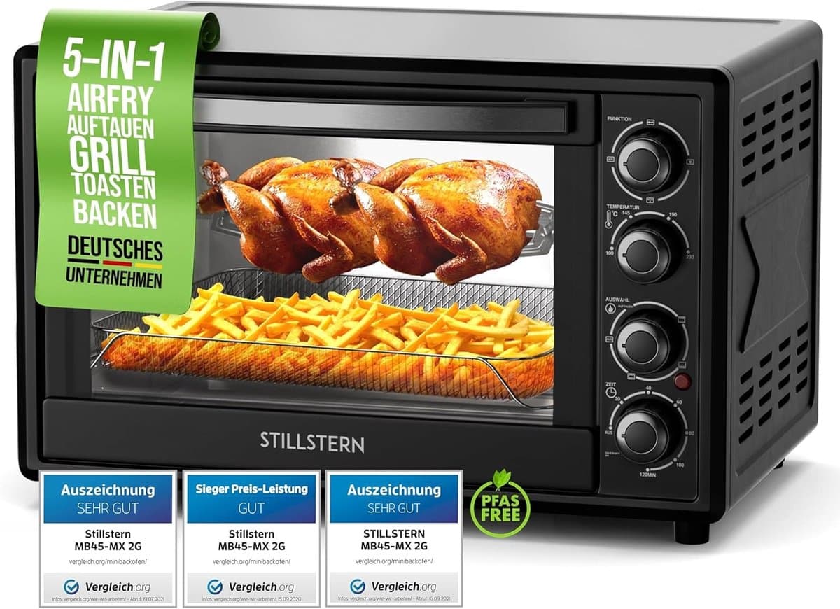 Stillstern mini heteluchtoven 45 l (DE-versie) pizza Ø32, CYCLONE PRO+ antiaanbaklaag, ontdooien, 2 uur timer, camping mini-heteluchtoven pizzaoven mini-oven klein kipgrill met draaispies — afbeelding 1