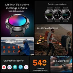 DrPhone ChronaX Titan GPS Smartwatch – Bluetooth Bellen – Waterdicht – Hartslag/Slaap/Bloedzuurstof metingen – 1.46' HD – Heren Dames - Led licht - Nederlands App + Horloge taal – Zilver — thumbnail 2