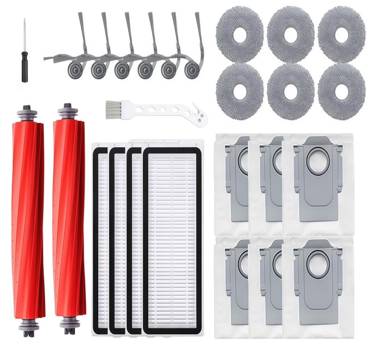Accessoiresset - 26-delige - Geschikt voor Roborock QV 35A/QV 35S/Q Revo L Robotstofzuiger - 2 Hoofdborstel, 6 Zijborstels, 4 HEPA-filters, 6 Dweilpads, 6 Stofzakken, 1 Reinigingsborstel, 1 Schroevendraaier — afbeelding 1