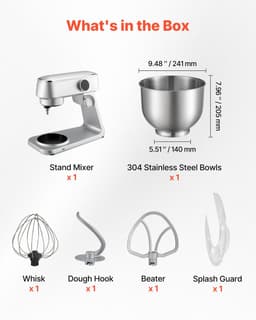 Keukenmachine - Staande Mixer - Vermogen 1800 W - RVS Mengkom 7,4 L - 10 Snelheden - Kantelbare Kop - Inclusief Deeghaak, Garde en Klopper — thumbnail 5