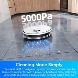 NaevaMi Robotstofzuiger Met Dweilfunctie - Incl Laadstation - 5000Pa Zuigkracht - Leegt Automatisch - Ideaal voor Huisdieren - Zelflerende Robotstofzuiger - Besturing via App/Afstandsbediening - LiDAR Navigatie Systeem - Wit — thumbnail 3