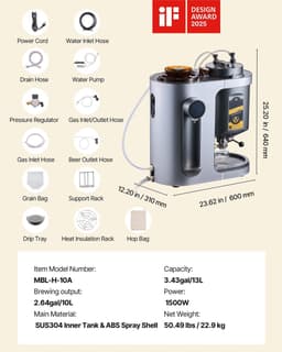 Automatische bierbrouwer - Elektrische bierbrouwketel 13 L thuisbrouwmachine - 1500 W Vermogen - Met maischkoker - RVS 304 binnentank - Temperatuur- en drukregeling — thumbnail 3