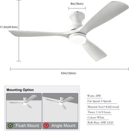 COVREO Plafondventilator met verlichting 132 cm wit, hout, 6 snelheden — thumbnail 3