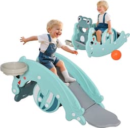 Kikkerpaard 3-in-1, 72 x 34 x 47 cm, turquoise blauw | Glijbaan, basketbalmand, 18 tot 36 maanden — thumbnail 1