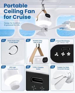 Plafondventilator - Draagbare reisventilator – Snoerloze mini-hangventilator – Stille werking met 3 snelheden – Ontwerp met magnetische haak – Ingebouwd ledlicht – Ideaal voor cruiseschepen， kamperen, tenten en auto's — thumbnail 3