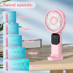 Mini draagbare ventilator, USB oplaadbare ventilator, kleine zakventilator met 5 snelheden en voet, stille opvouwbare handventilator voor kantoor en buitengebruik (roze) — thumbnail 3