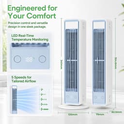 Bladloze Torenventilator - Torenventilator - Draagbare Mobiele Airco Cooler - Bladloos - Draaibaar Ventilator - 5 Snelheden - Met Afstandsbediening - Luchtstroom - Stil Compact - Mobiele Airco - Compacte Airconditioner Voor een Goede Nachtrust - Wit — thumbnail 2