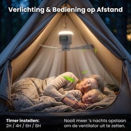 Campingventilator met verlichting, oplaadbaar, tentventilator met verlichting - Afneembare bladen - 45 cm draagbare plafondventilator - Buiten - Tent - 12000 mAh - Grijs — thumbnail 1