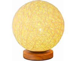 Rieten Bal Nachtlamp Slaapkamer - Warm Geel Licht - Verstelbaar Helderheid - USB Oplaadbaar - Houten Stand - OmgevingslampLE17