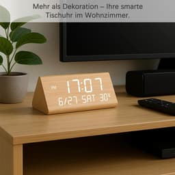 SnelShoppen - Digitale Houten Alarm Klok met 2 Alarmen, Datum, Weekdag, Temperatuur, Verstelbare Helderheid en Volume, USB Oplaadpoorten voor Thuis en — thumbnail 4