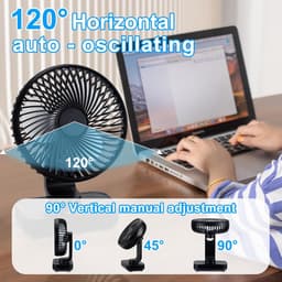 Zakventilator - Draagbare USB-bureauventilator - Ultrastille automatische oscillatie 120° - Krachtige oplaadbare batterij van 4000 mAh - Mini-bureauventilator - 4 snelheden - Kleine ventilator voor thuis, slaapkamer en buiten - Zwart — thumbnail 4