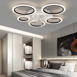 Plafondventilator - Met Verlichting - Ringen - Moderne Plafondventilator Verlichting - Plafond Ventilator Lamp - 5 Cirkels - Met Afstandsbediening - Dimbaar - Zwart - Wit — thumbnail 1