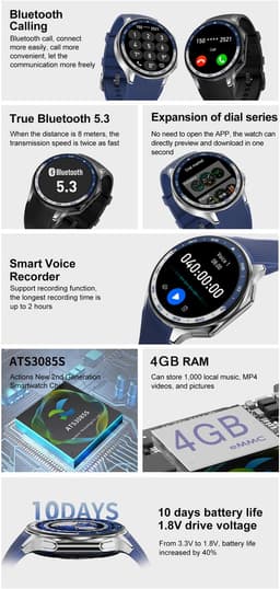 Knobbout 1.43 " Scherm AMOLED-scherm met 3D-ontwerp Smartwatch - Slimme opnamefunctie- 4 GB interne opslag - MP4-video-ondersteuning - Ingebouwde kompasfunctie - Zwart staal+ zwart lederen + blauwe siliconen horlogeban — thumbnail 2