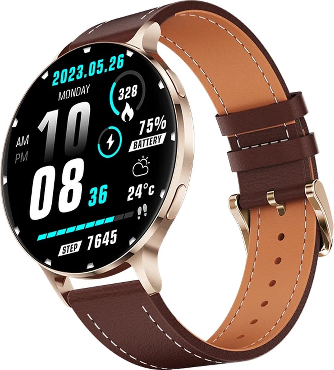 WizBay Premium Select® Ultra Thin Smartwatch 1.75inch AMOLED - Bellen - AI Voice Assist - Hart Monitor - O2 Bloeddrukmeter - Multi Sport Modi - Slaap - Message - Smartwatches - Gouden Case Lederen Band Bruin - 2 Extra Banden - RVS Goud en TPU Rosé — afbeelding 1