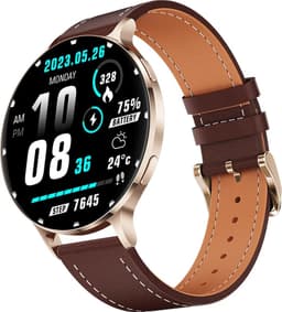 WizBay Premium Select® Ultra Thin Smartwatch 1.75inch AMOLED - Bellen - AI Voice Assist - Hart Monitor - O2 Bloeddrukmeter - Multi Sport Modi - Slaap - Message - Smartwatches - Gouden Case Lederen Band Bruin - 2 Extra Banden - RVS Goud en TPU Rosé — thumbnail 1