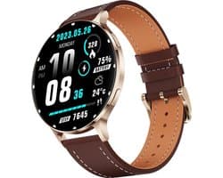 WizBay Premium Select® Ultra Thin Smartwatch 1.75inch AMOLED - Bellen - AI Voice Assist - Hart Monitor - O2 Bloeddrukmeter - Multi Sport Modi - Slaap - Message - Smartwatches - Gouden Case Lederen Band Bruin - 2 Extra Banden - RVS Goud en TPU Rosé