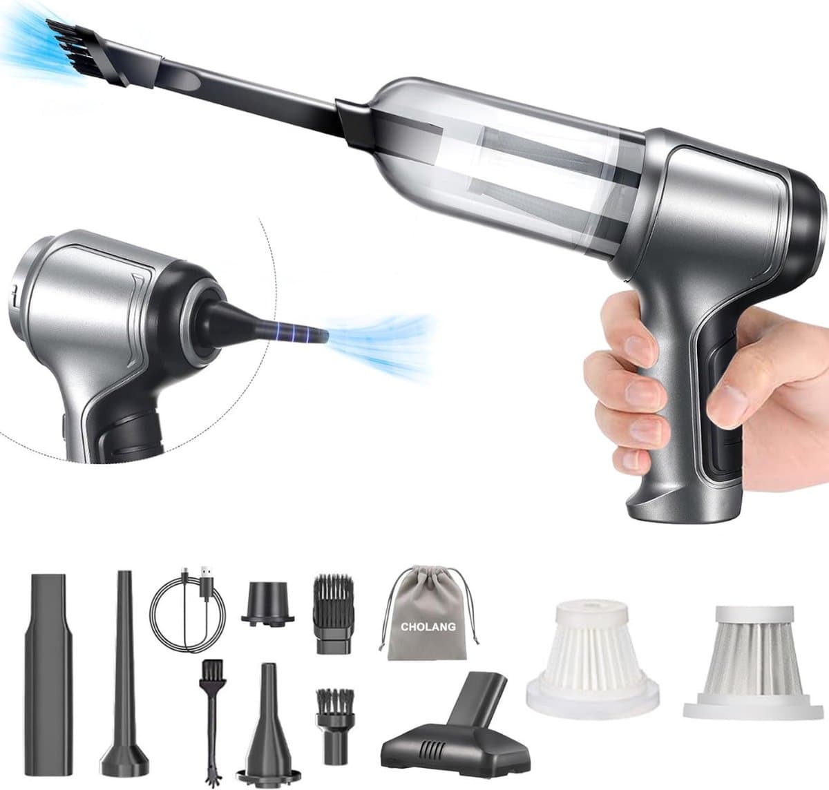DailySupplies® Handstofzuiger Draadloos - Auto Stofzuiger - Kruimeldief Snoerloos - Kruimelzuiger - Zilver — afbeelding 1