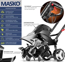 MASKO® elektrische motorhak 1500 Watt | 40 cm werkbreedte 20 cm werkdiepte | grondhak | akkerfrees landbouwer tuinfrees | elektrische hak | inklapbare handgreep | metalen behuizing | transportwielen, zwart — thumbnail 3