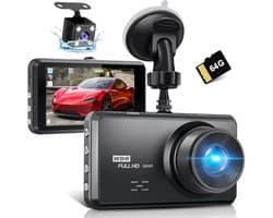 2,5 K dashcam voor de auto, voor achter, 64G SD-kaart, 1600P + 1080p FHD Dual Dash Cam, 3,2 inch IPS-scherm, autocamera, 176° + 160 ° groothoek, autocamera, G-sensor, nachtzicht, WDR