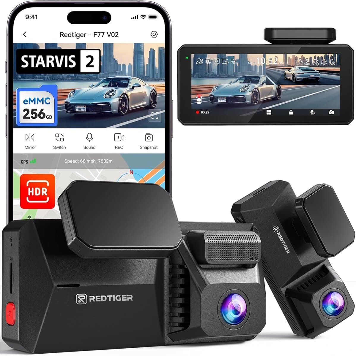 RedTiger F77 VO2 - Dual Dashcam voor auto - Ultra 4K & 4K - Voor en Achter Camera - 2026 model - Met Touchscreen - WiFi en GPS - 4.0 Inch met App - Sony Sensor Nachtzicht - Dashcams - Parkeerbewaking - G Sensor - Loop opname - 128GB Intern geheugen — afbeelding 1