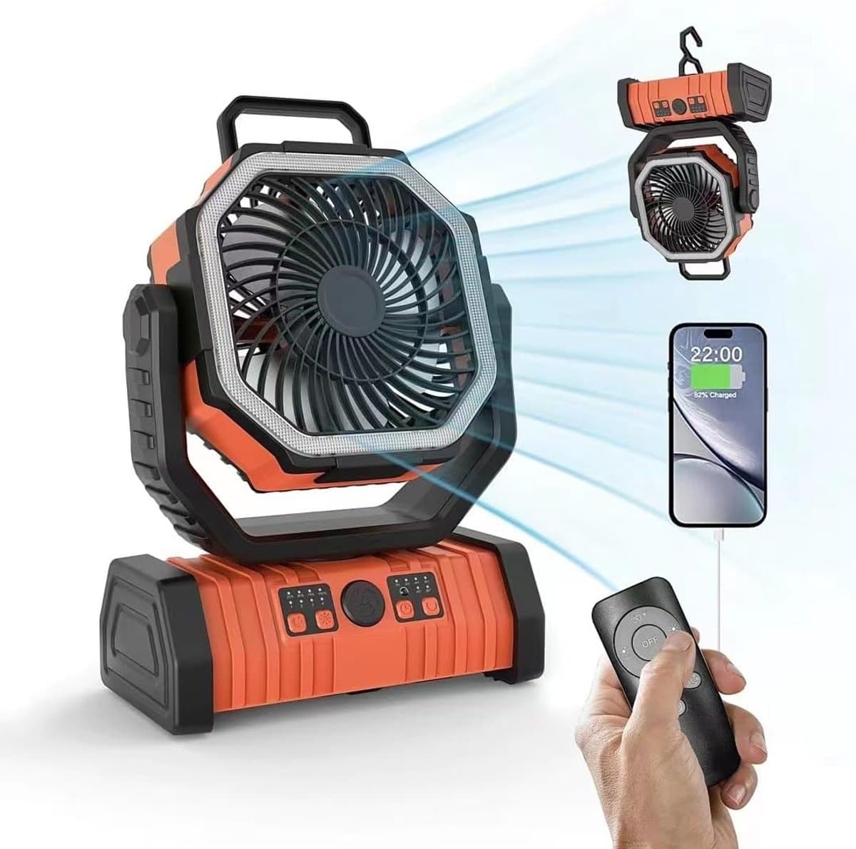 Draagbare campingventilator met hoge capaciteit, afstandsbediening, verlichting, dubbele haken en grote luchtstroom – Ventilator, los apparaat, draadloos, batterijloos, draagbaar (oranje). — afbeelding 1