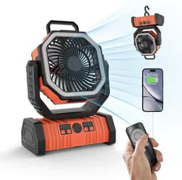 Draagbare campingventilator met hoge capaciteit, afstandsbediening, verlichting, dubbele haken en grote luchtstroom – Ventilator, los apparaat, draadloos, batterijloos, draagbaar (oranje). — thumbnail 1