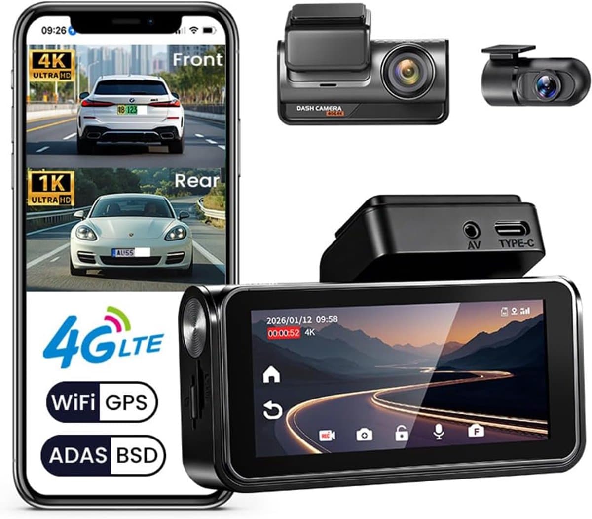 4G LTE 4K Ingebouwde Camera voor Auto – Voor- en Achtercamera – met ADAS BSD DVR Auto – Ondersteunt App-bediening via Wi-Fi – met GPS-videorecorder – Nachtzicht — afbeelding 1