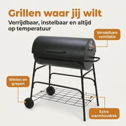 Lomera Cilinder BBQ - Houtskoolbarbecue - Houtskool BBQ - Verrijdbare BBQ - BBQ op Wielen - Barbecue op Wielen - Cilinder Barbecue - Verrijdbare Houtskoolbarbecue - Houtskoolbarbecue op Wielen — thumbnail 5