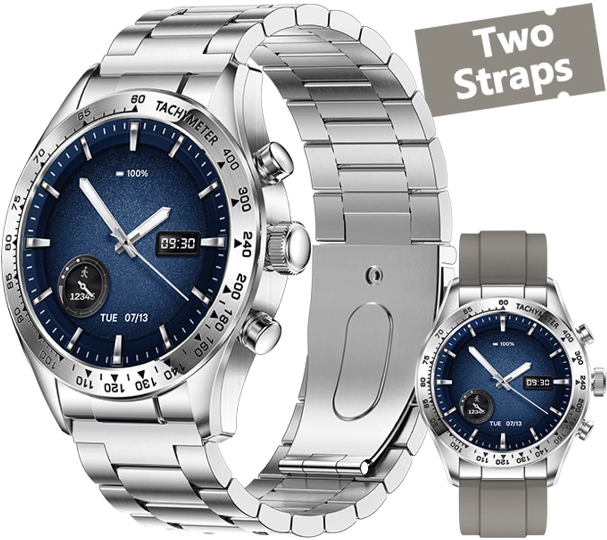 WizBay Premium Select® 1.32-inch AMOLED Smartwatch Dames/Heren – Stainless Steel – 178 Sportmodi – AI Voice – Bellen – Hartslag en Slaap – O2 – app GloryFitPro – Dual BT5.3 – 350mAh – Inclusief RVS en Siliconen Band Zilver — afbeelding 1