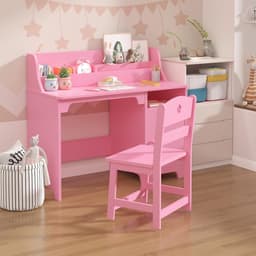 Kinderbureau en Stoel met Opbergruimte - Houten Kindertafel met Etagère, Prikbord & Lade - Verstelbare Kinderstoel - Studiehoek Kinderkamer - 97x46x101cm - Roze — thumbnail 4
