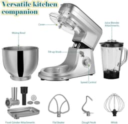 VIVOHOME 6-in-1 Keukenmachine - 6L, 660W, Zilver, met Vleesmolen & Pastamachine - Professionele Mixer voor Brood, Deeg & Taarten — thumbnail 4