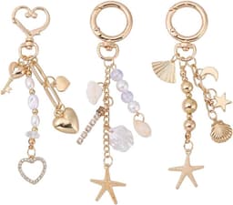 3 Stks Gouden Strandtas Sleutelhanger Leuke Zeester Parel Zeeschelp Portemonnee Charms Parel Kralen Sleutelhanger Charms voor Rugzakken Portefeuilles Lunch Dozen Zomer Reizen Geschenken voor — thumbnail 1