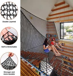 Klimnet voor speelplaats, 1 x 3 m, dubbellaags, veiligheidsnet voor kinderen, 4 haken, 8 bellen, voor gebruik binnen en buiten, valpreventie (zwart) — thumbnail 4