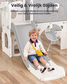 Kinderslide met Ladder, Platform, Kruiptunnel, Klimhelling, Basketbalring & Speelgoedtelescoop, Binnen en Buiten Speelset voor Peuters en Kleuters(Grijs) — thumbnail 2
