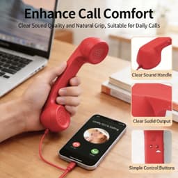 Retro Telefoonhoorn - USB-C Bedrade Handset met Microfoon - Geschikt voor iPhone & Android met USB-C - Vintage Telefoonhoorn voor Bellen, Videogesprekken & Vergaderingen - 2 Stuks - Rood & Roze — thumbnail 3
