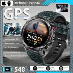 DrPhone ChronaX Titan GPS Smartwatch – Bluetooth Bellen – 3ATM Waterdicht – Hartslag/Slaap/Bloedzuurstof metingen – 1.46' HD – Heren Dames - Led licht - Nederlands App + Horloge taal - Camouflage — thumbnail 2
