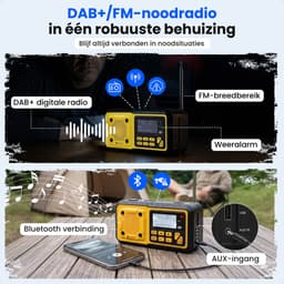 Siltcon® Noodradio Solar Opwindbaar - Solar Powerbank - 5000mAh - Radio DAB+/FM - Radio Noodpakket & Kamperen - Bluetooth + AUX - USB-A - USB-C - Zaklamp + SOS - Weeralarm - Thermometer - Compass - Incl. Oplaadkabels Telefoon & Waterdichte opberghoes — thumbnail 4