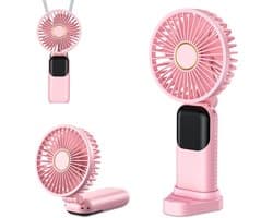 Mini draagbare ventilator, USB oplaadbare ventilator, kleine zakventilator met 5 snelheden en voet, stille opvouwbare handventilator voor kantoor en buitengebruik (roze)