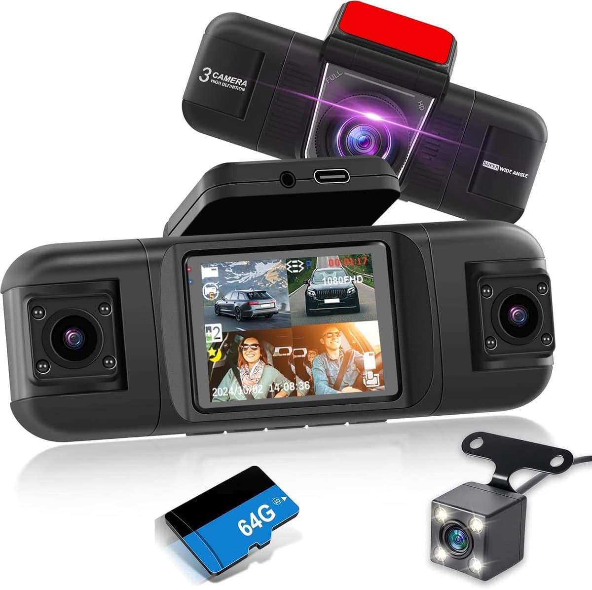 SnelShoppen - 4-kanaals 360° Auto Dashcam - 1080p Voor- en Achtercamera - 2 Inch Scherm - Verstelbare Zijcamera's - IR Nachtzicht - Loop-opname - G-se — afbeelding 1