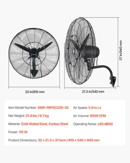VEVOR 115W Industriële Wandventilator 81 cm, 5,9 m/s Oscillerende Wandventilator met 3-Traps Verstelbare Hoek en Nevelfunctie, Commerciële Industriële Ventilator voor Werkplaats, Garage, Magazijn, Sportschool, Zwart — thumbnail 3