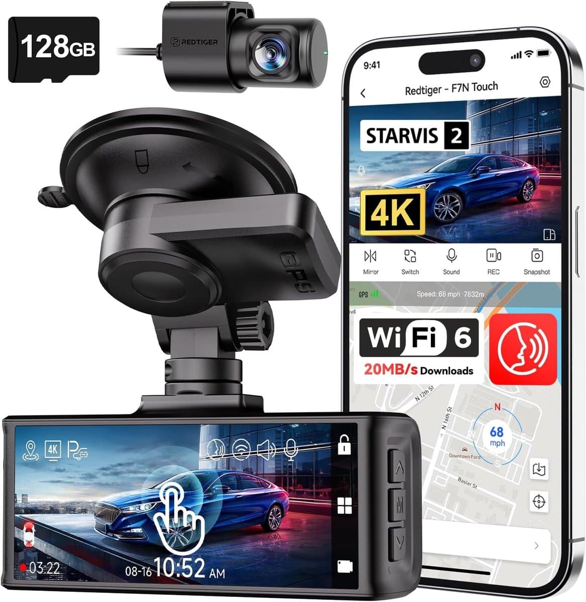 Dashcam voor auto - Zwart - 3,18 inch touchscreen - 4K UHD en 1080p dubbele camera met GPS en WiFi - Voor veilig rijden — afbeelding 1