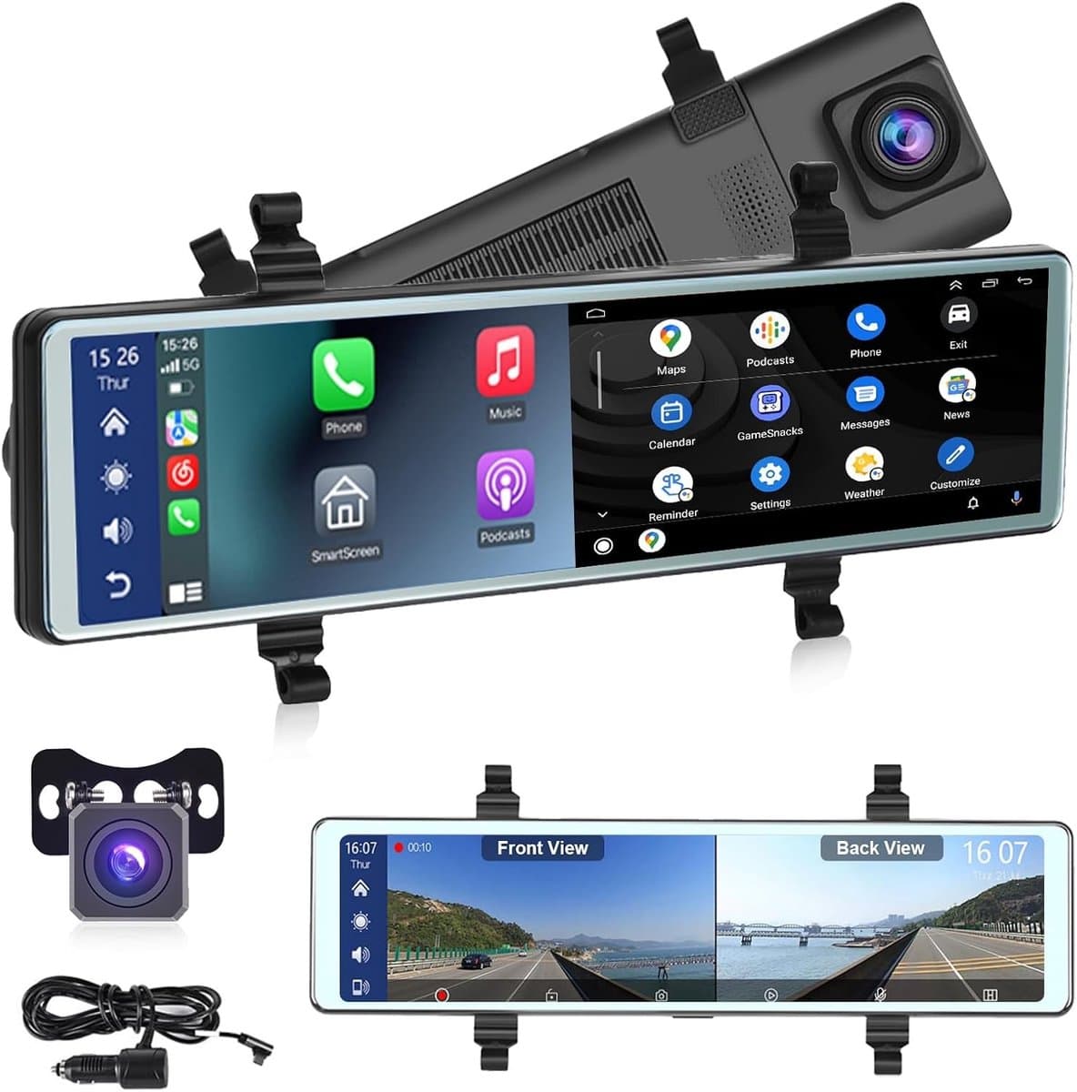 Dashcam voor auto - Zilver - 11,26 inch - IPS Touchscreen Spiegel Dashcam met Voor- en Achtercamera - Met CarPlay en Android Auto — afbeelding 1
