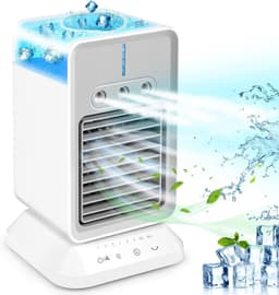 Draagbare airconditioner met ventilator, oplaadbare, draadloze verdampingskoeler, op batterijen werkende bureauventilator met handvat, 3 windsnelheden, geschikt voor kleine kamers, kantoren en studentenkamers, wit. — thumbnail 1
