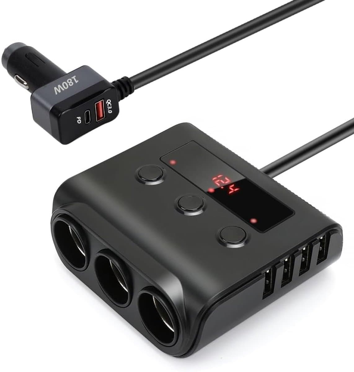 SnelShoppen - 180W Multi Socket Sigarettenaansteker Adapter 9-in-1 met 6 USB Poorten, PD 3.0 en QC3.0, LED Schakelaar, Ideaal voor Auto, GPS, Smartpho — afbeelding 1