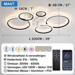 5 Ringen Plafondventilator - Wit - 6 Snelheden - Dimbaar Met Afstandsbediening en APP - Moderne Cirkel Ventilator Licht — thumbnail 5