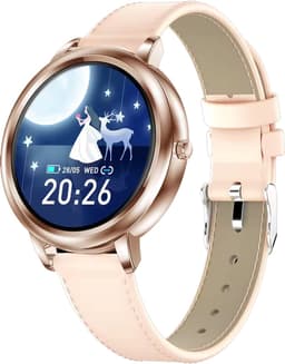 Darenci Smartwatch Classy Pro - Smartwatch dames - Smartwatch heren - Activity Tracker - Touchscreen - Lederen band - Dames - Heren - Horloge - Stappenteller - Bloeddrukmeter - Verbrande calorieën - Zuurstofmeter - Roségoud - Roze - Spatwaterdicht — thumbnail 1