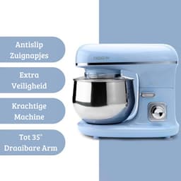 Roterende Deegmachine – Multifunctionele Deegmixer – Kneedmachine – Inclusief Spatdeksel & Navulopening – 1100W – RVS – Blauw — thumbnail 2