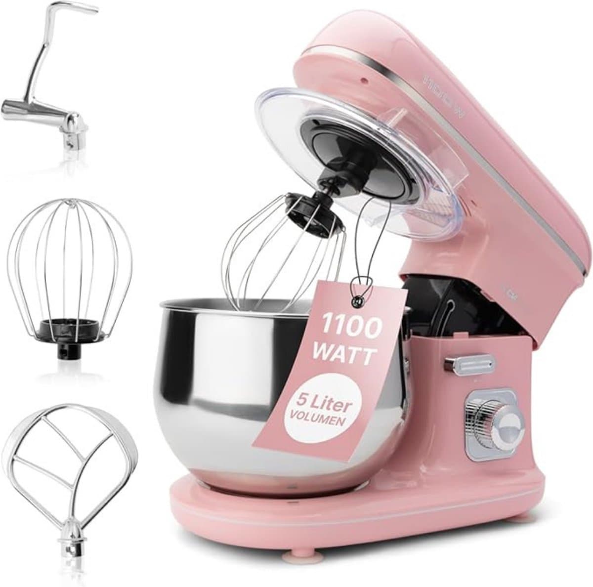 Luxe Roterende Deegmachine – Multifunctionele Deegmixer – Kneedmachine – Inclusief Spatdeksel & Navulopening – 1100W – RVS – Roze — afbeelding 1